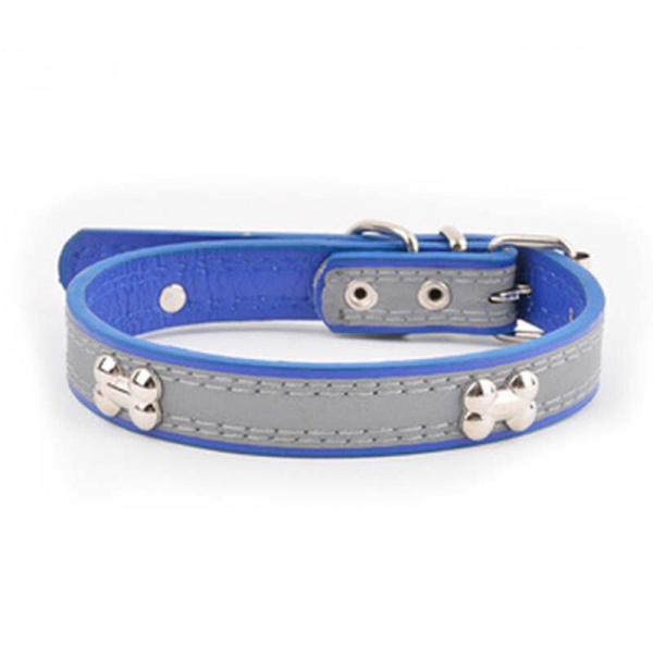 Collier en cuir avec décoration d’os pour chien Accessoire chien Collier chien Taille: M Couleur: Bleu