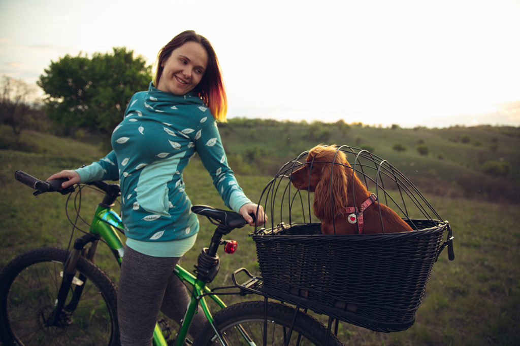 Un jeune femme rousse qui fait du vélo dans la nature avec son chien dans un panier à l'arrière du vélo ils sont en pleine campagne dans les champs