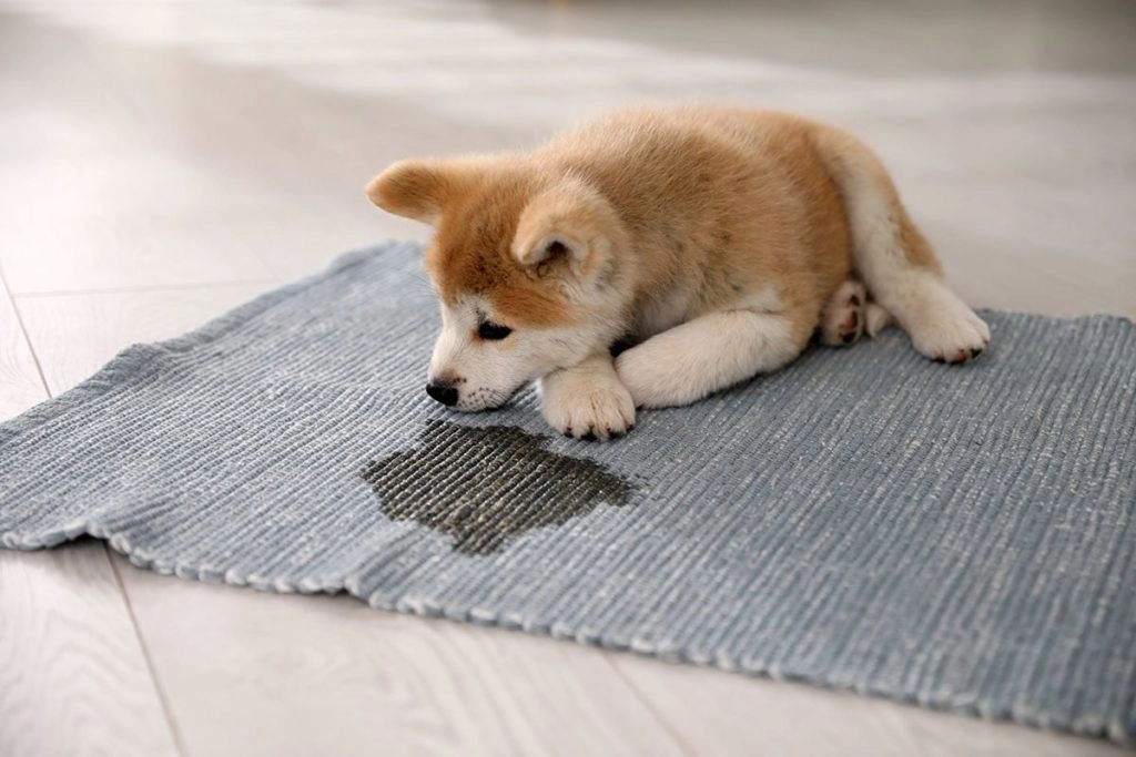 Un chien marron et blanc de race akita inu qui a fait pipi dans la maison sur le tapis gris