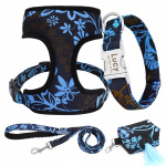 Ensemble 4 pièces harnais, gilet, laisse, petit sac pour chien Accessoire chien Harnais chien couleur: Bleu|Bleu Foncé|Multicolore|Noir|Vert|Vert